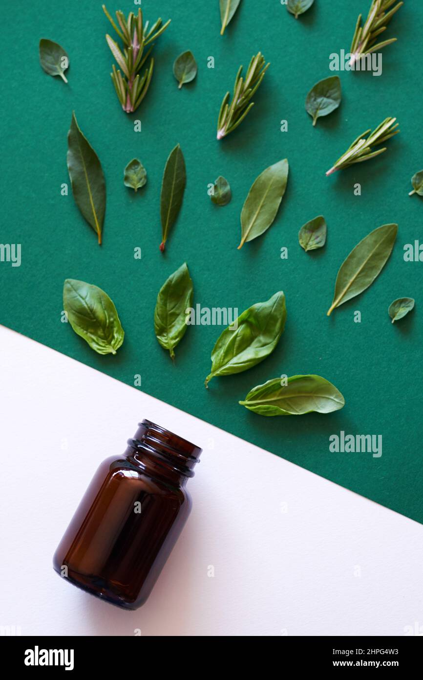 Herbal versus chemical medicine alternative remedies flat lay