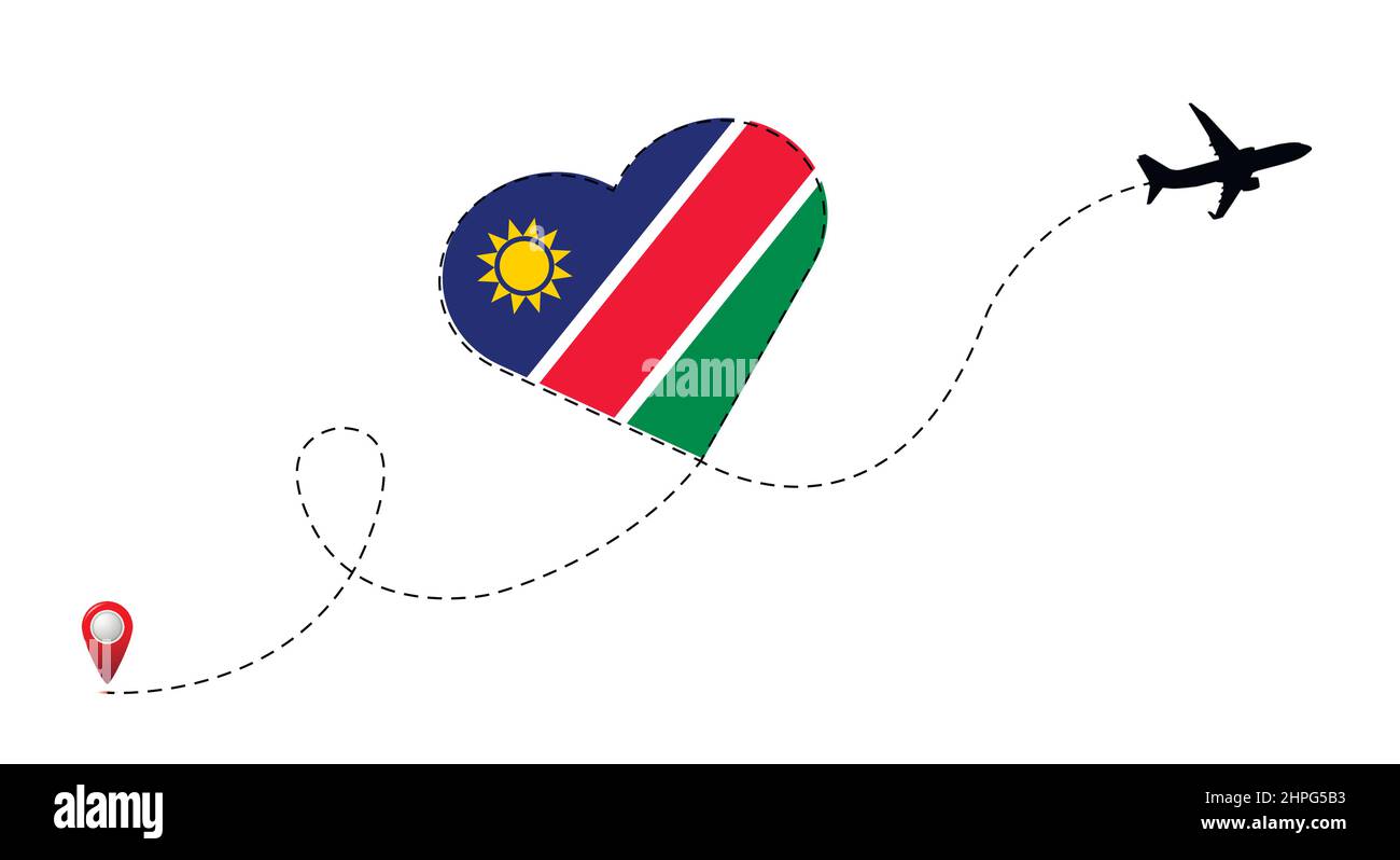 Airplane flight route with Namibia flag inside the heart. Stock Vector