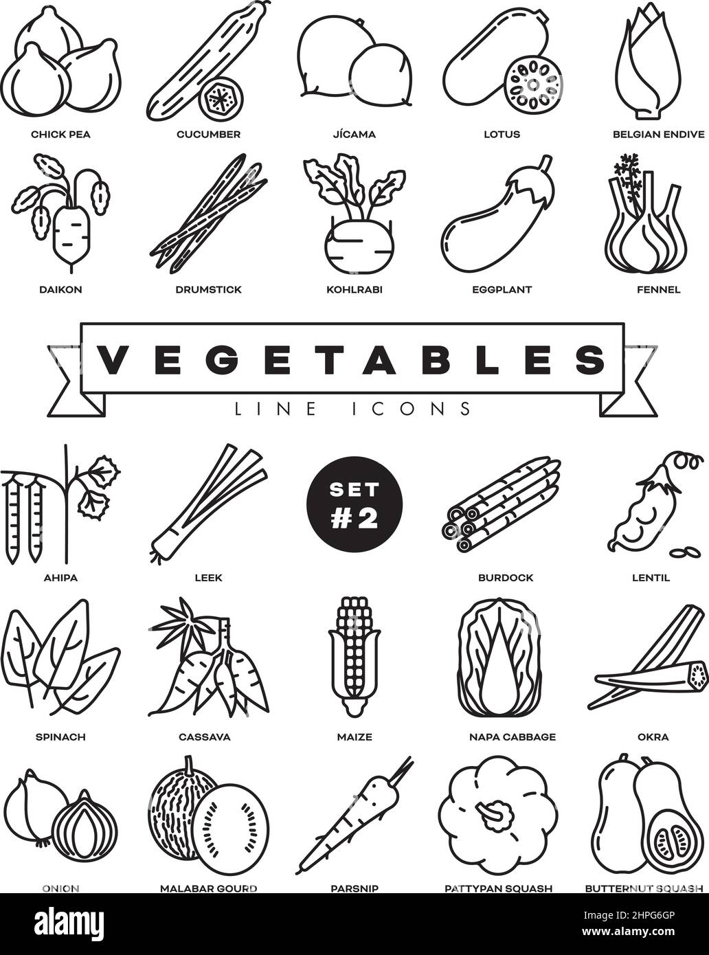 Collection of vegetables vector outline icons. Illustration of healthy food from all over the world. Set 2 of 3. Stock Vector