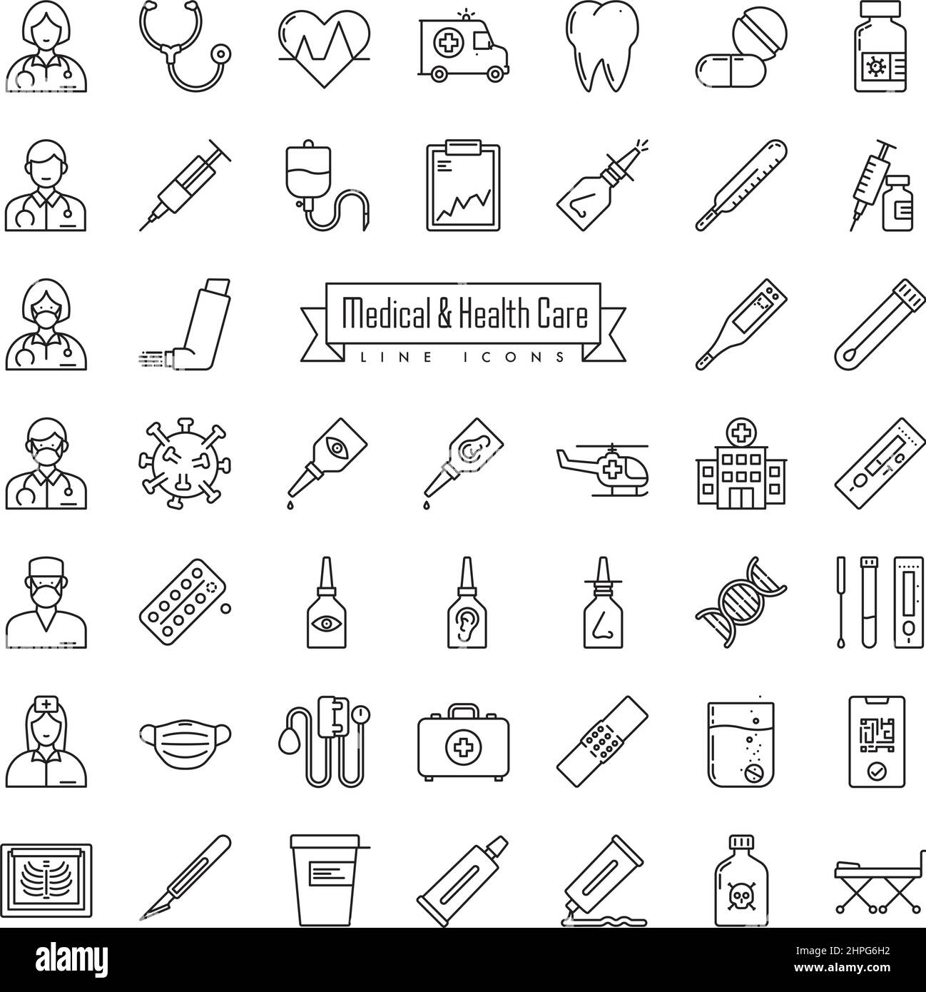 Health Care and Medical Line icon Collection. Outline symbols for medicine, pharmamaceutics, medical equipment and illnesses. Stock Vector
