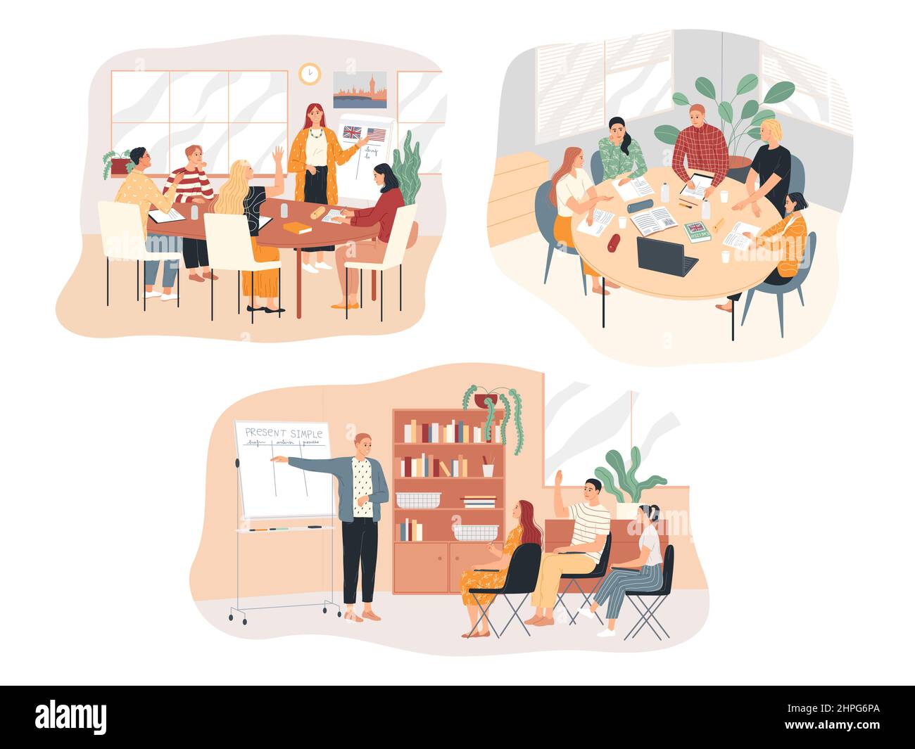 English teaching. Learning foreign language. Teachers and students are studying Stock Vector