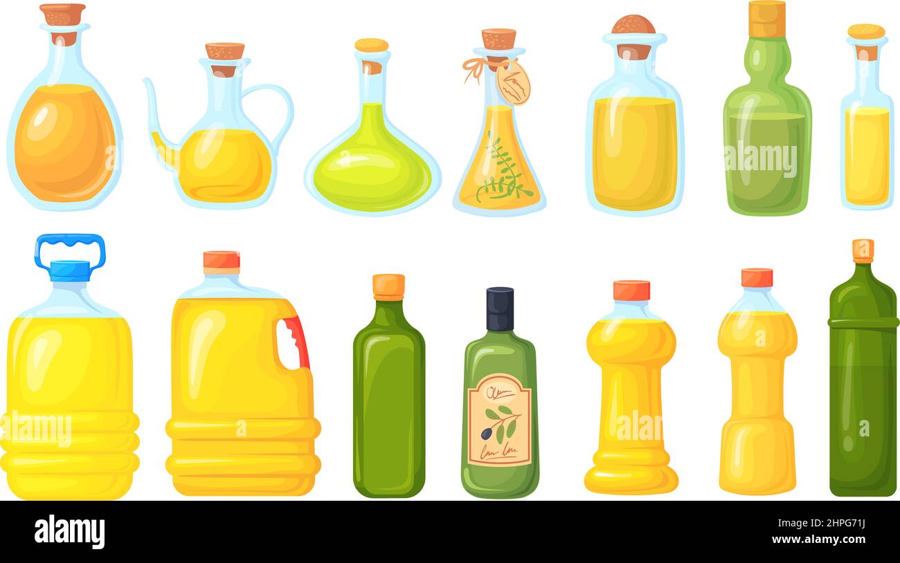Soya oil bottles. Cooking variety vegetable oils glass or plastic