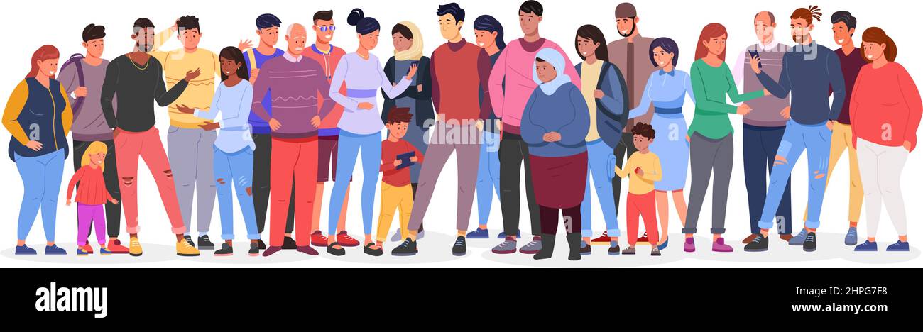 Diversity population. Multiethnic teens diverse people group, public society arab community crowd adult and teen person multiracial business union, flat vector illustration population group community Stock Vector