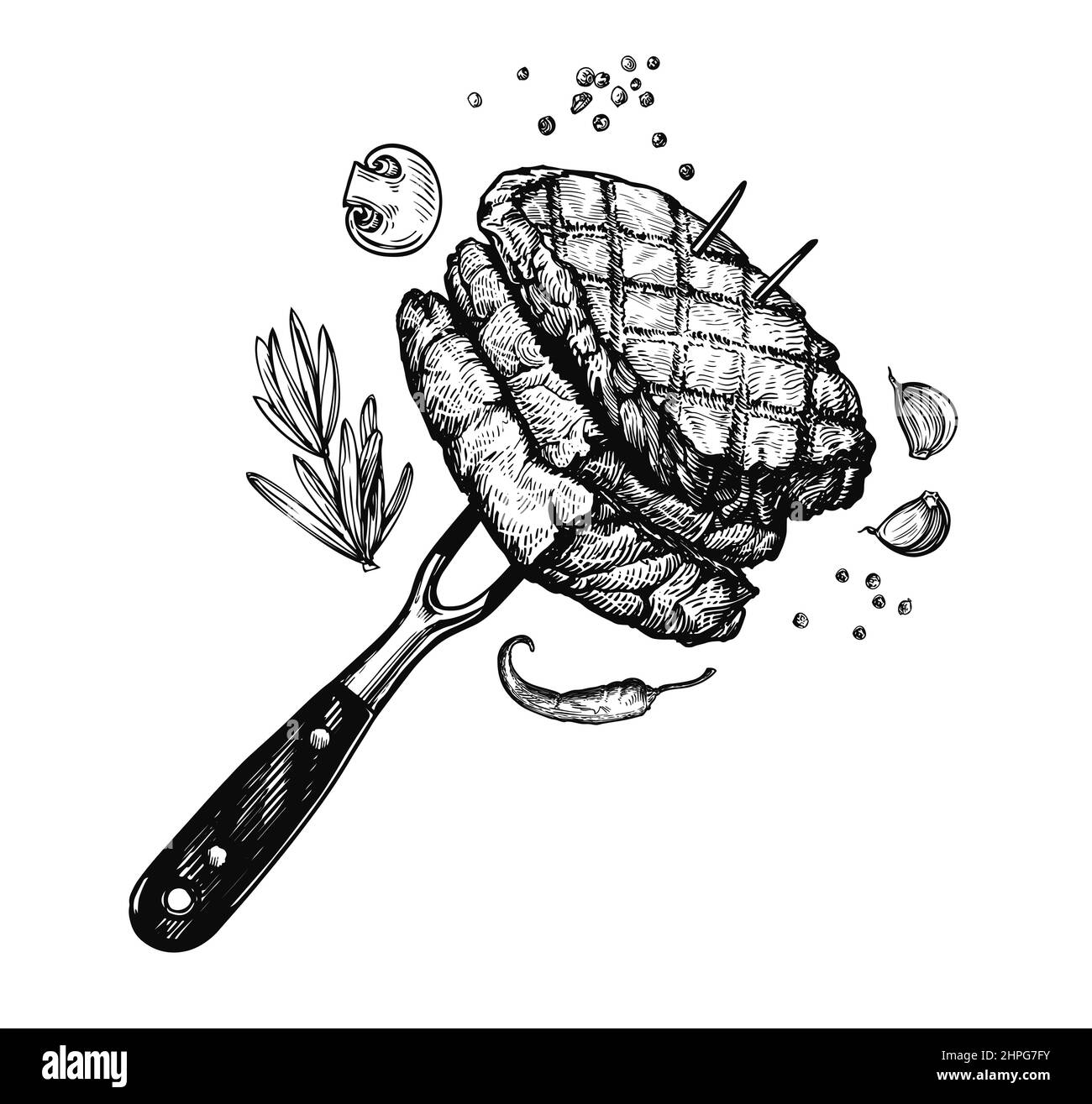 Fried meat steaks on barbecue fork. Grill food sketch vector