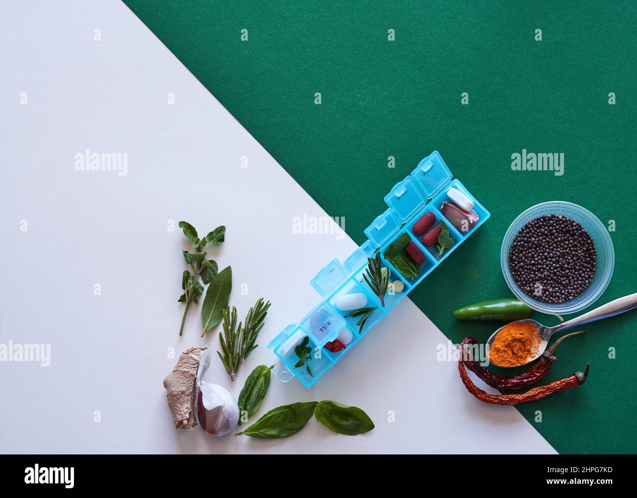 Herbal versus chemical medicine alternative remedies flat lay