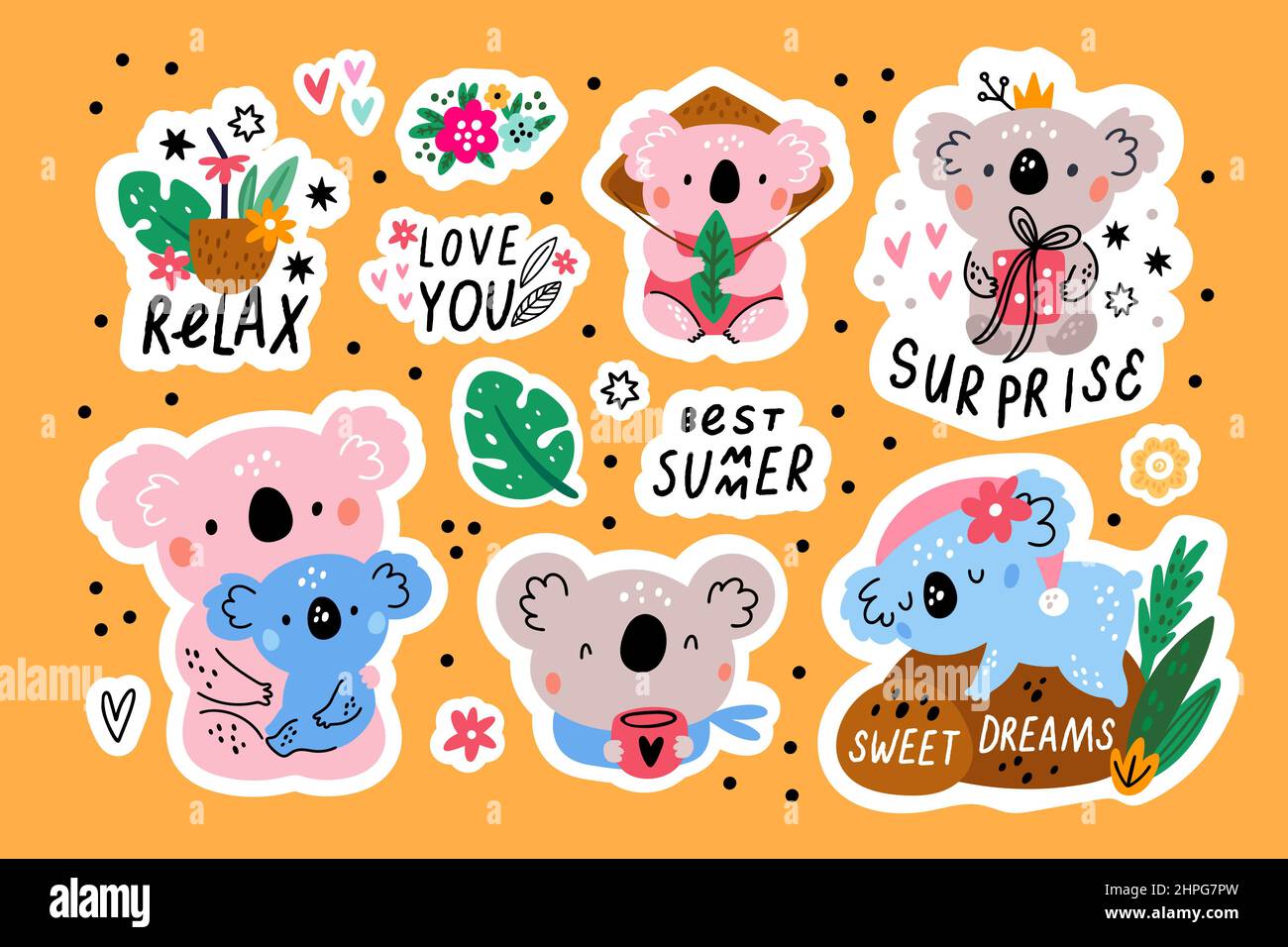 Funny koala stickers. Cute little bears. Australian fauna
