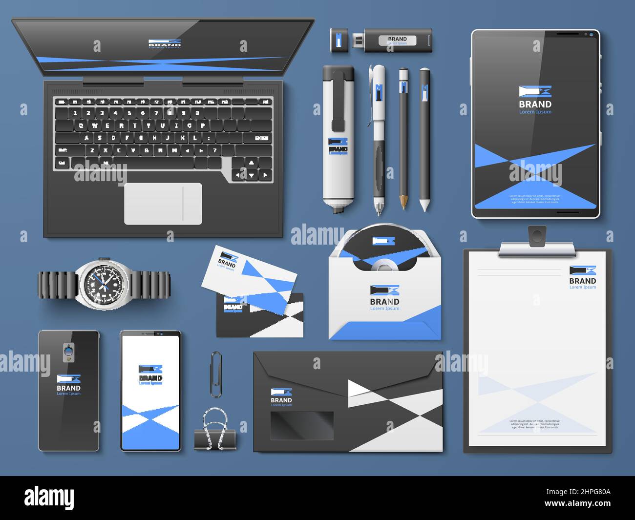 Realistic corporate branding identity design. Office desk top view ...