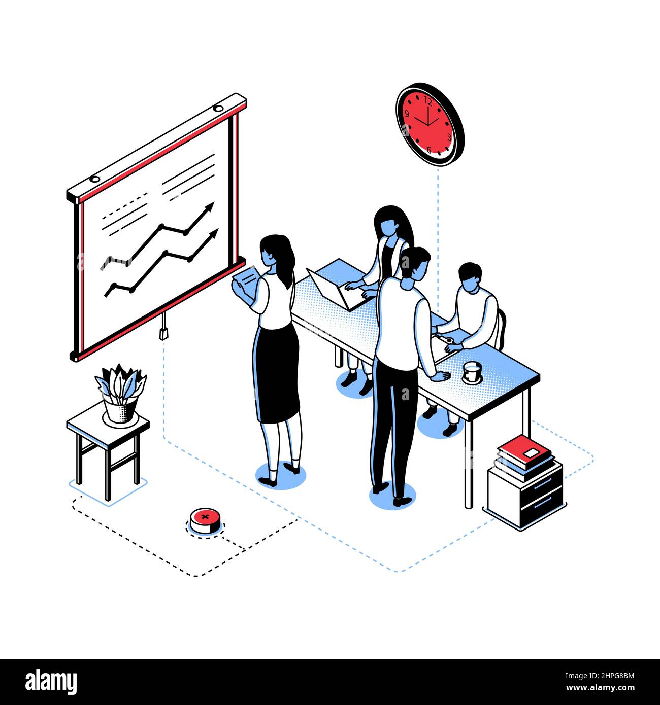 Office statistics - modern line isometry design style illustration. Employees work at a common table, the girl studies and analyzes chart data. Clock, Stock Vector