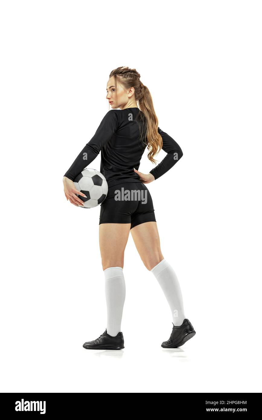 Portrait of young beautiful girl, professional female soccer player