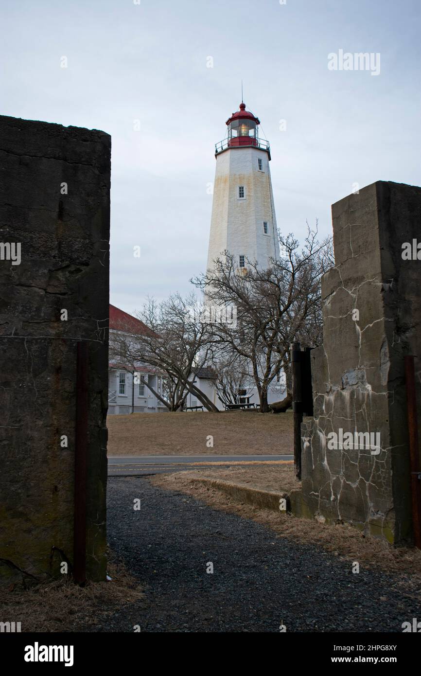 Lighthouse in Sandy Hook, New Jersey, during daylight hours in winter