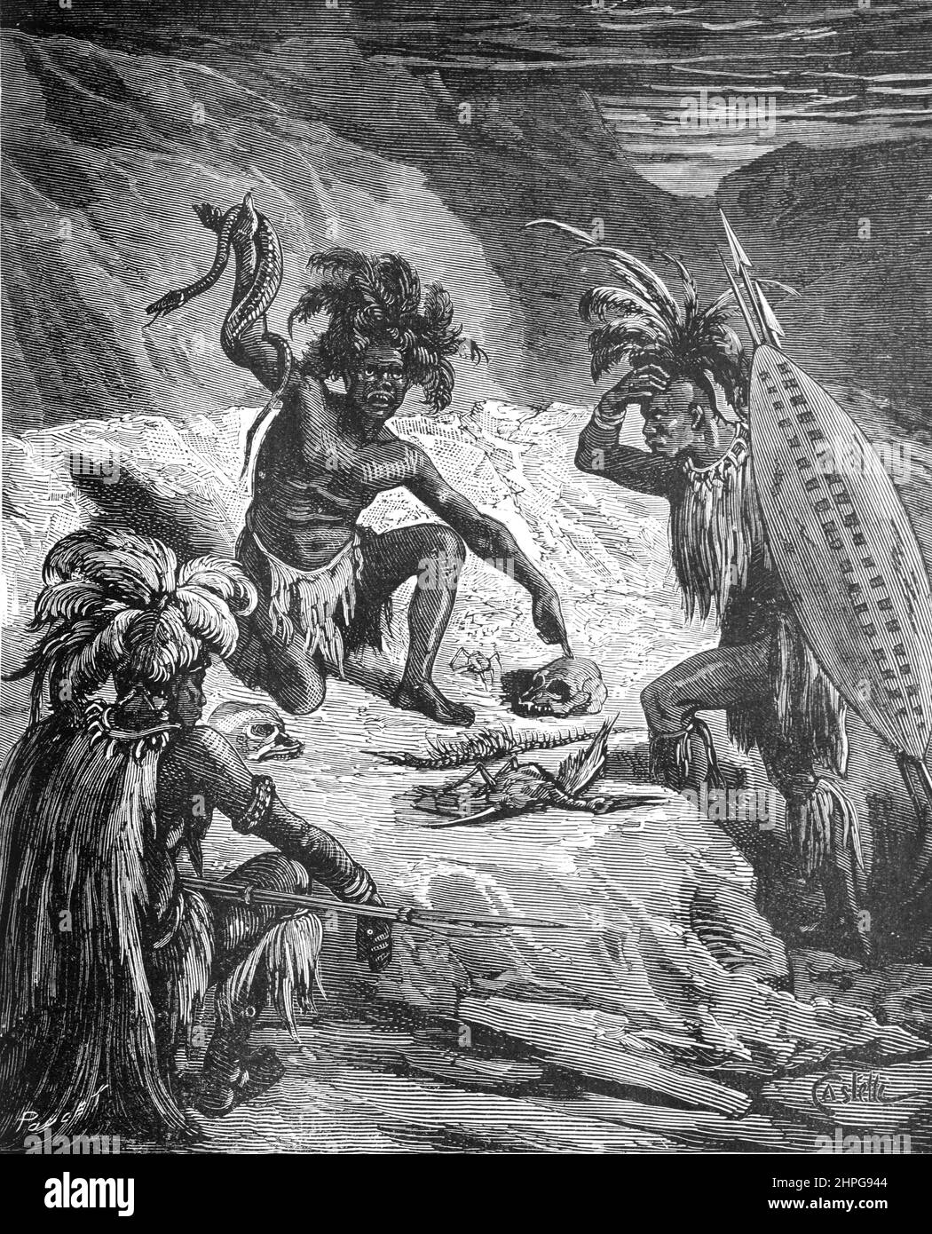 Sorcerer, Shaman, Medicine Man or Traditional Healer Using Various Animals including Snakes, Birds, Skeletons & Skulls in Animist Treratments Among the Zulus or Zulu People of Southern and South Africa. Vintage Illustration or Engraving 1879 (Castelli) Stock Photo