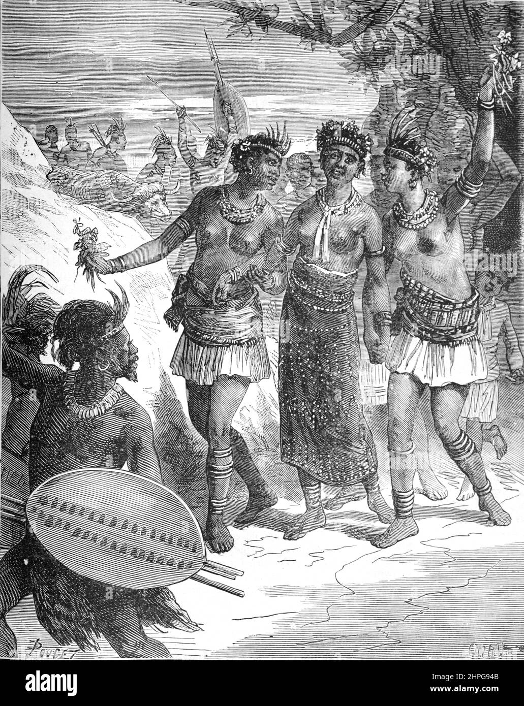 Marriage Ceremony or Wedding Among the Zulus or Zulu People of Southern or South Africa. Vintage Illustration or Engraving 1879 (Castelli) Stock Photo