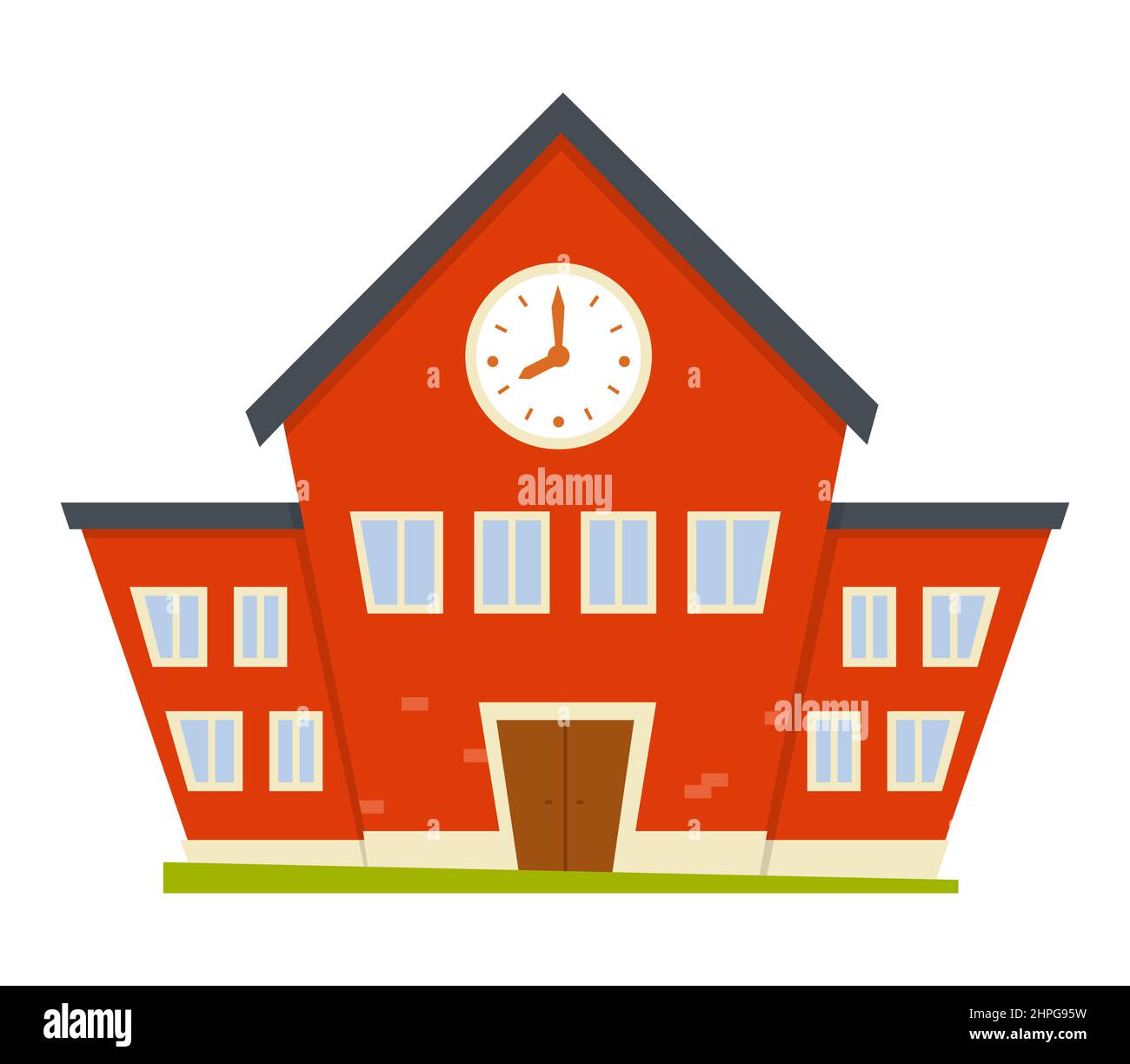 Primary school building - modern flat design style isolated icon. Neat detailed image of red house with a large clock. The beginning of education, thi Stock Vector