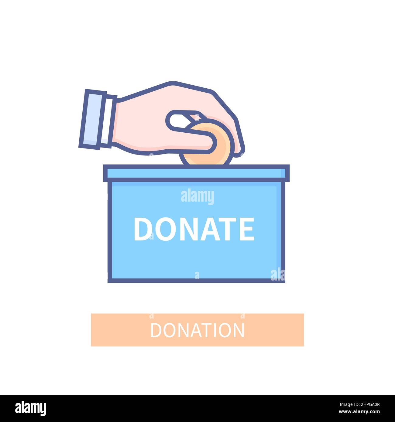 Donate - modern colored line design style icon on white background. Neat detailed image of hand dropping a coin into a common fundraising box. Charity Stock Vector