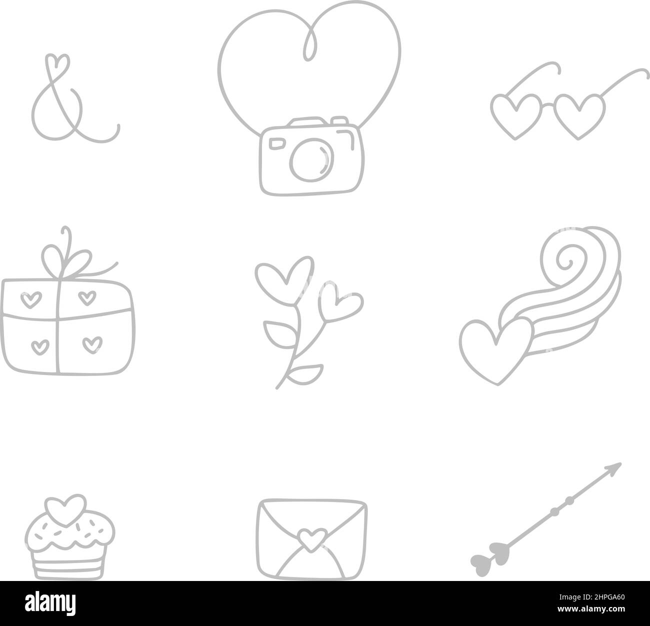 Set of different doodle elements for wedding, Valentines Day and Kiss day design icon. Hand drawn monoline art cartoon vector illustration. Romantic Stock Vector