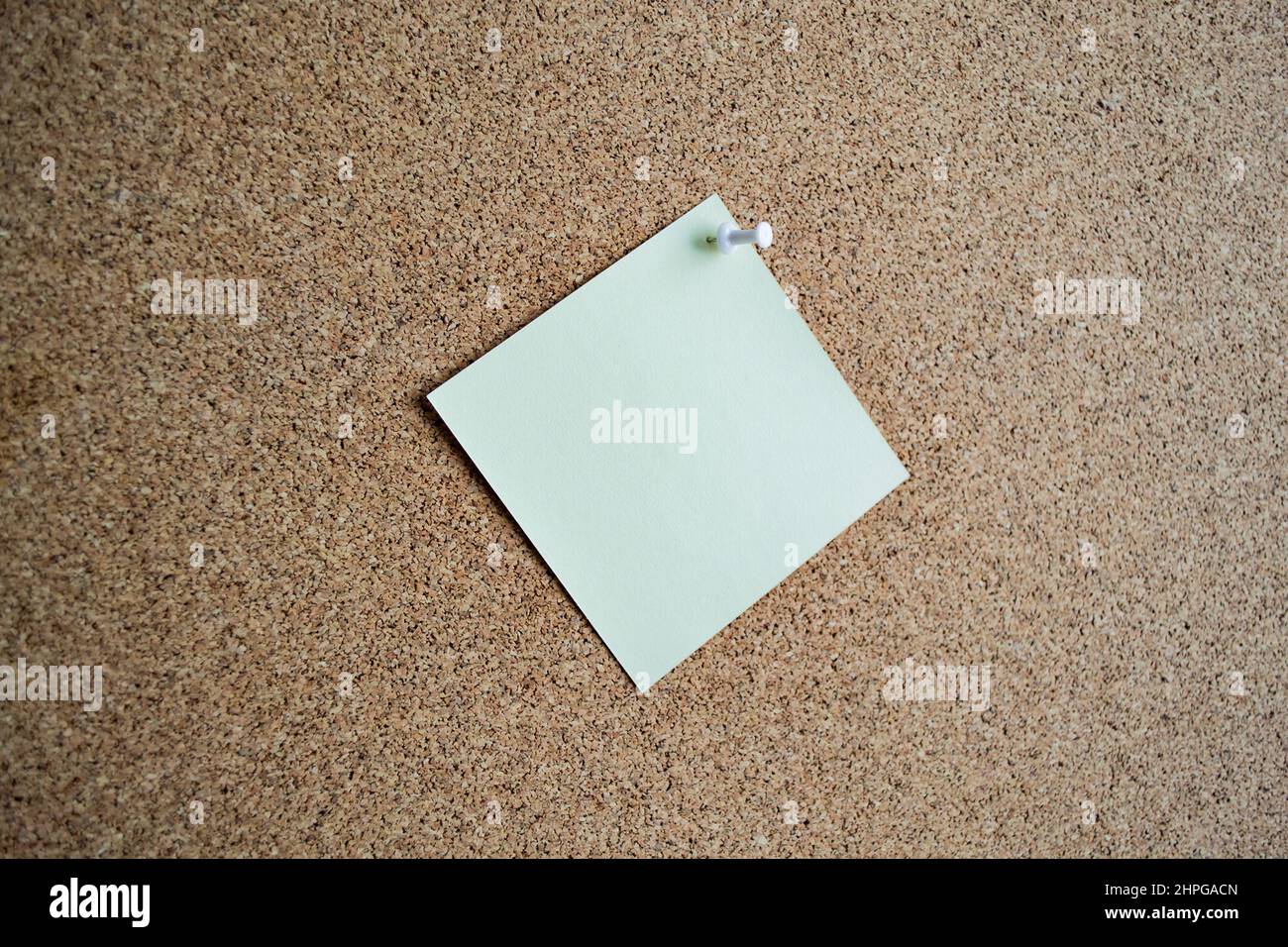 A green paper note on a cork Board, attached with a white pushpin. Copy spac Stock Photo