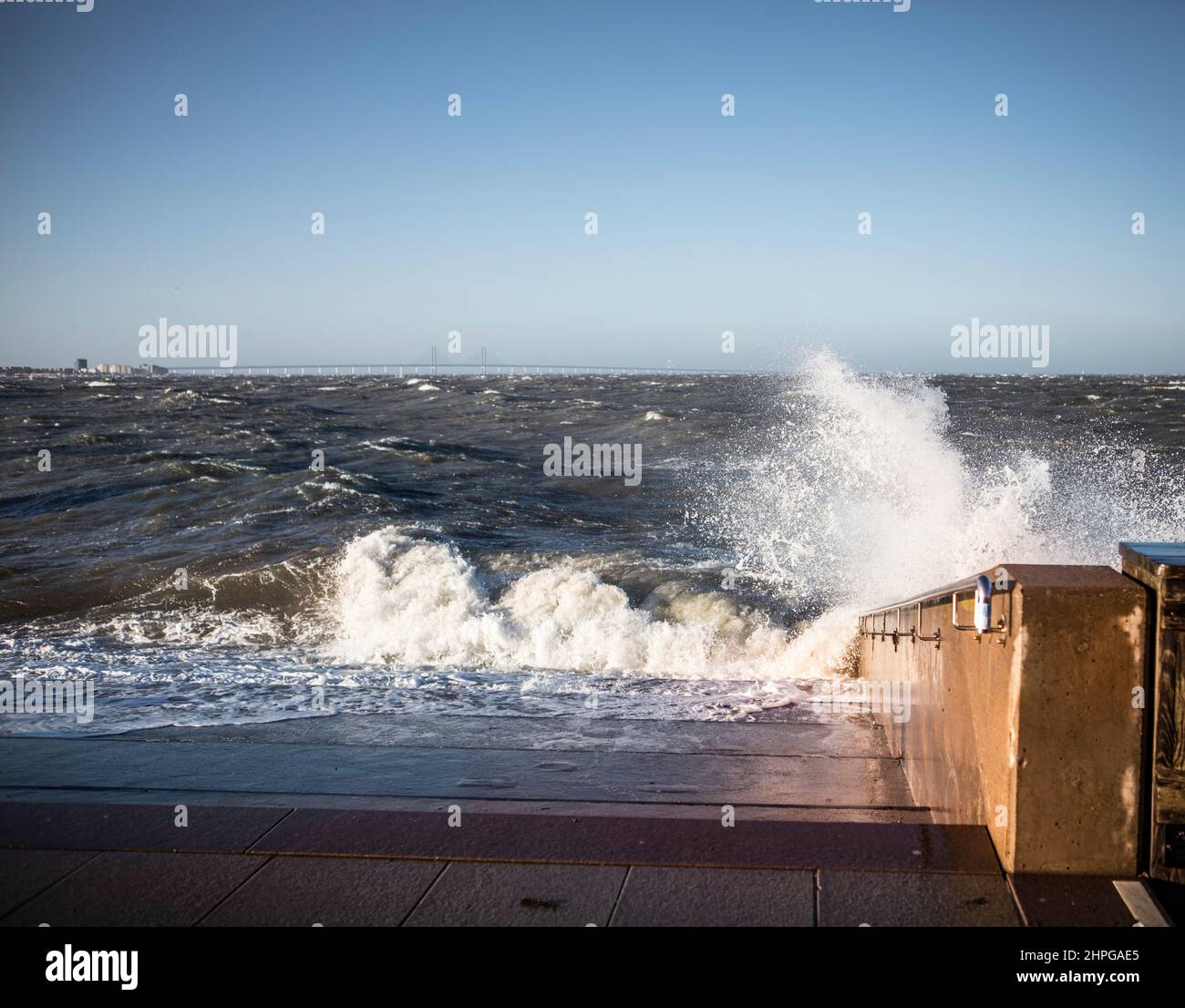 WESTERN HARBOR, MALMOE, SWEDEN - JANUARY 30, 2022: The storm named 'Malik' hits the southwest of Sweden stirring up huge waves flooding the area of We Stock Photo