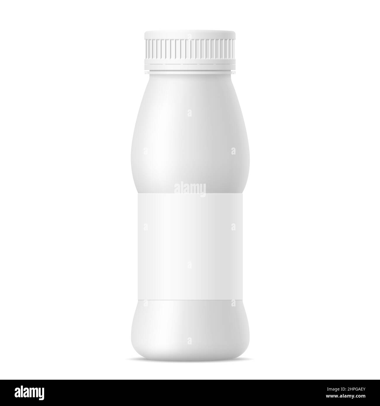 Vector mat white realistic mockup of yogurt bottle with cap and paper label. Milk, tea, juice or sour cream plastic package on white background. 3d mo Stock Vector