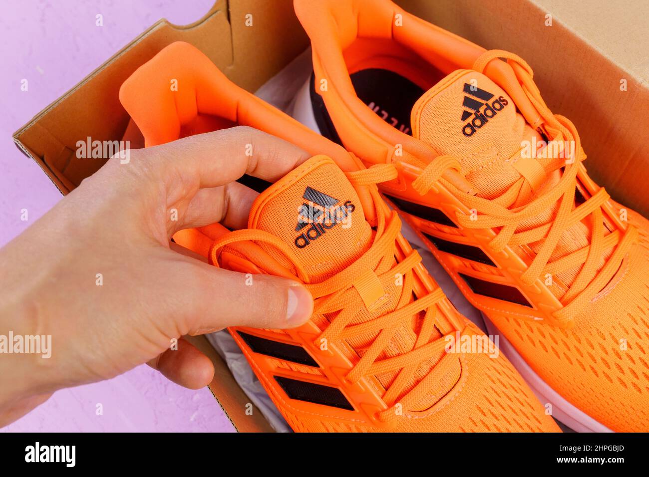 Tyumen, Russia-January 13, 2022: Adidas logo Bounce on running shoes. Adidas  is the second biggest sportswear manufacture in the world Stock Photo -  Alamy