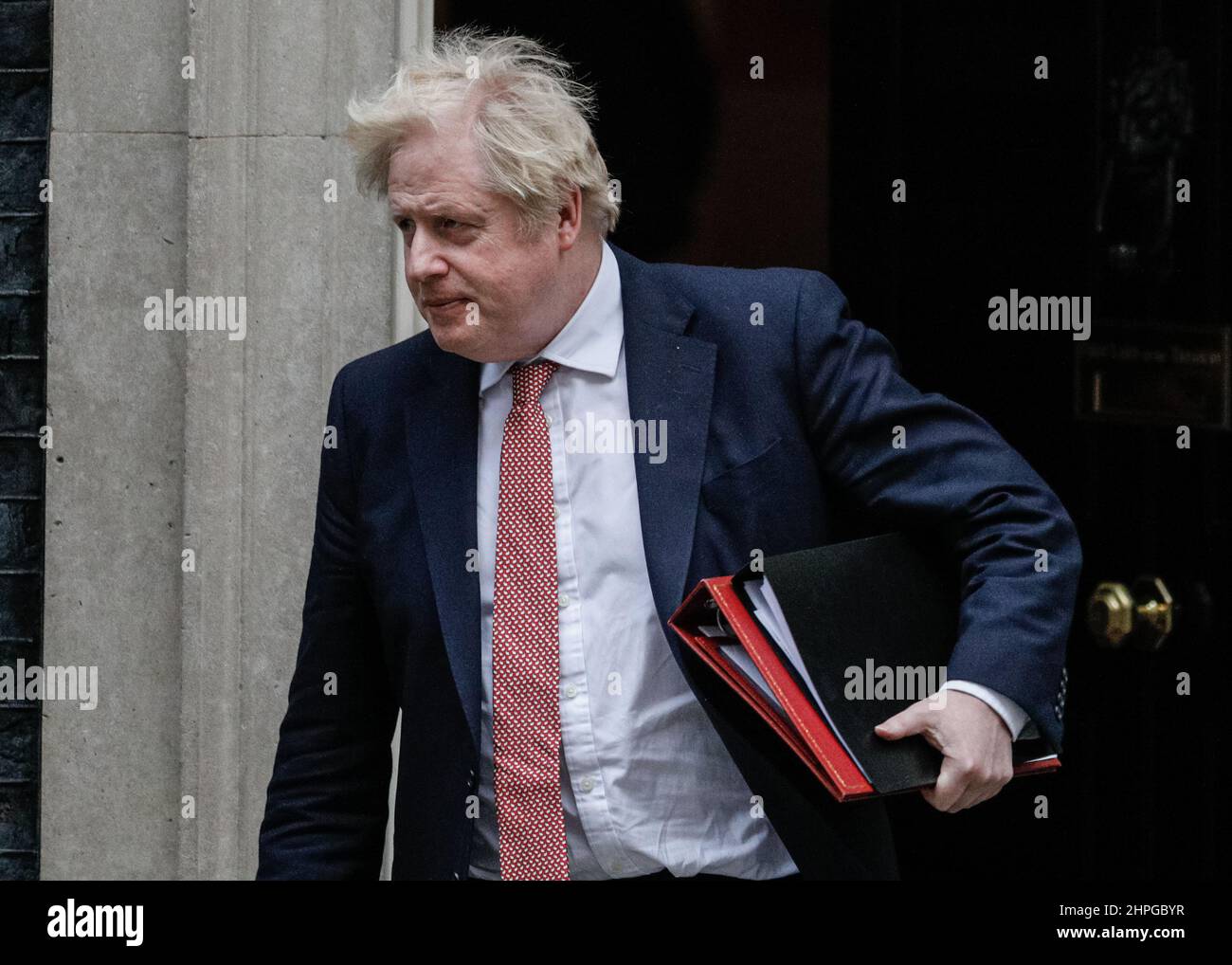 London, UK. 21st Feb, 2022. British Prime Minister Boris Johnson exits No 10 Downing Street for Parliament to make his expected statement regarding the further relaxation of covid rules. Credit: Imageplotter/Alamy Live News Stock Photo