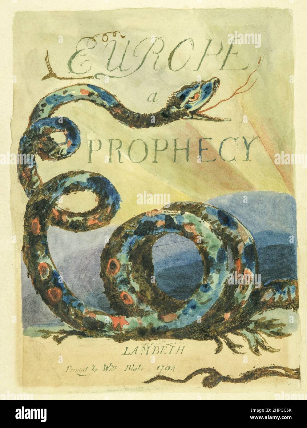 Title page of Europe a Prophecy, first published in 1794. By English poet and artist William Blake, 1757 - 1827.  The snake is thought to represent Orc also called Luvah, symbolic of love and revolution in Blake's mythology. Stock Photo