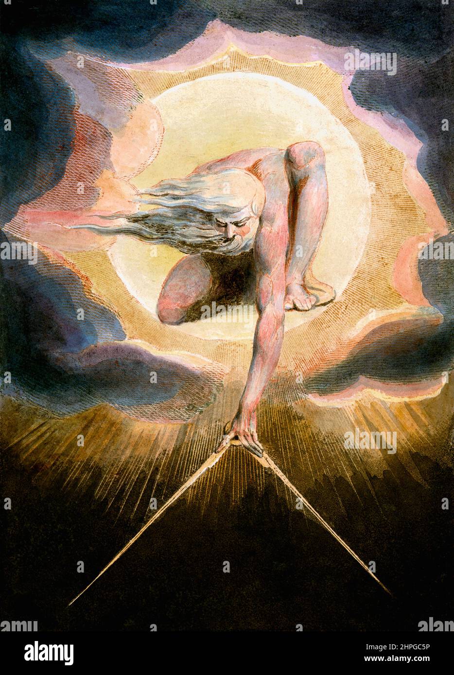 The Ancient of Days.  Frontispiece of Europe a Prophecy, first published in 1794.  By English poet and artist William Blake, 1757 - 1827.  The picture shows Urizen measuring the universe to fashion a predictable and conventional world of his own.  Urizen was part of Blake's mythology. Stock Photo