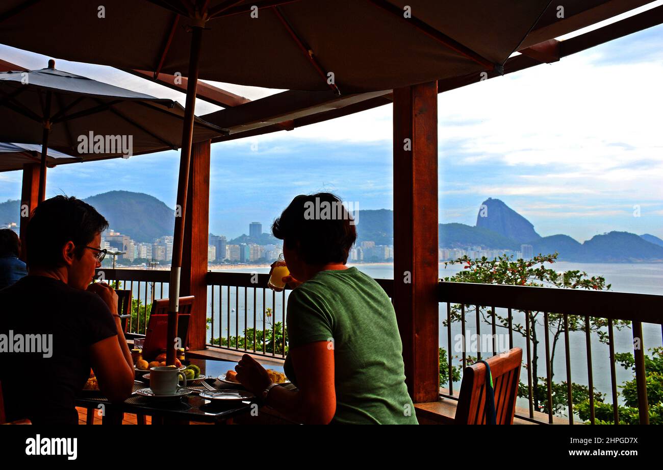 breakfast on the terrace of a restaurant with view on Copacabana beach Rio de Janeiro Brazil Stock Photo