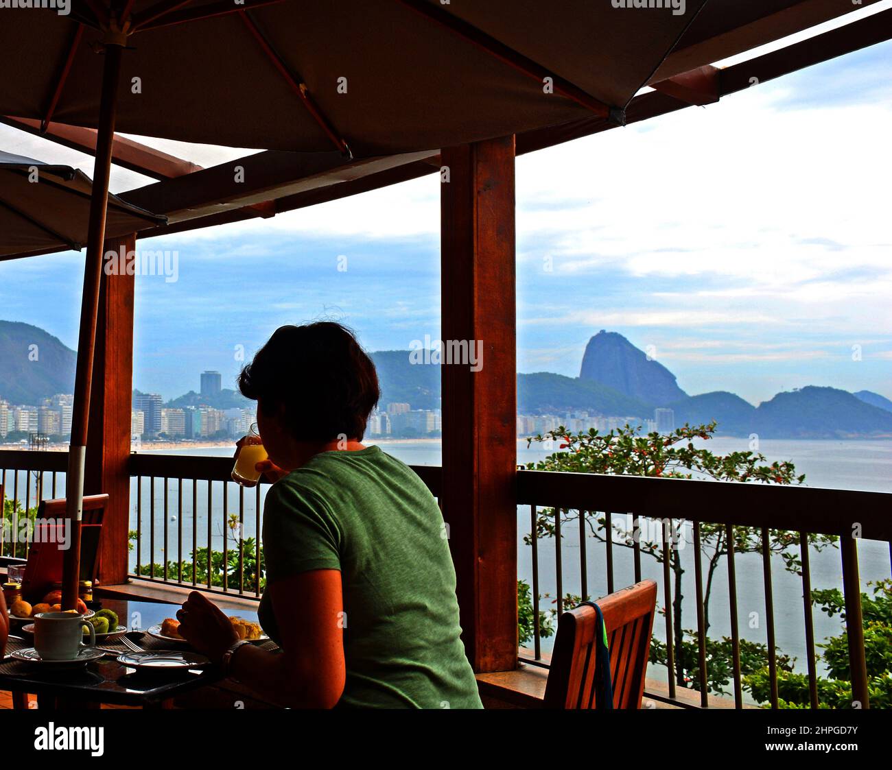 breakfast on the terrace of a restaurant with view on Copacabana beach and Sugar Loaf, Rio de Janeiro Brazil Stock Photo