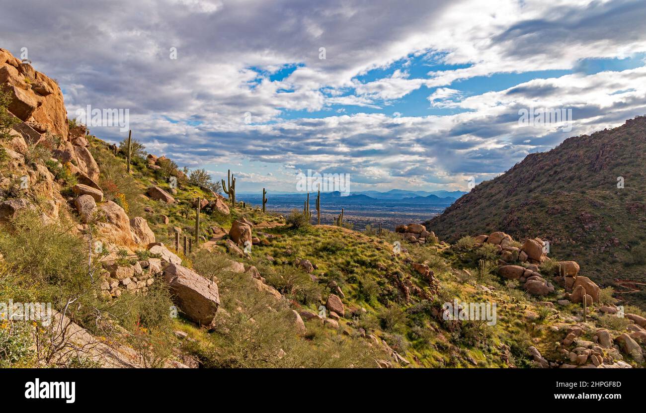 Elevated View Of Pinnacle Peak Hiking Trail In North Scottsdale, Arizona Stock Photo