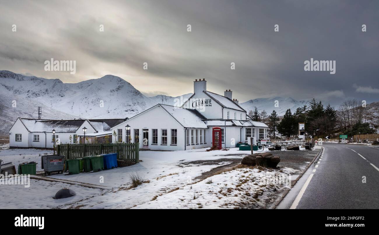 CLUANIE INN KINTAIL SCOTLAND WINTER SNOW FALL COVERS THE HOTEL AND ROAD ...