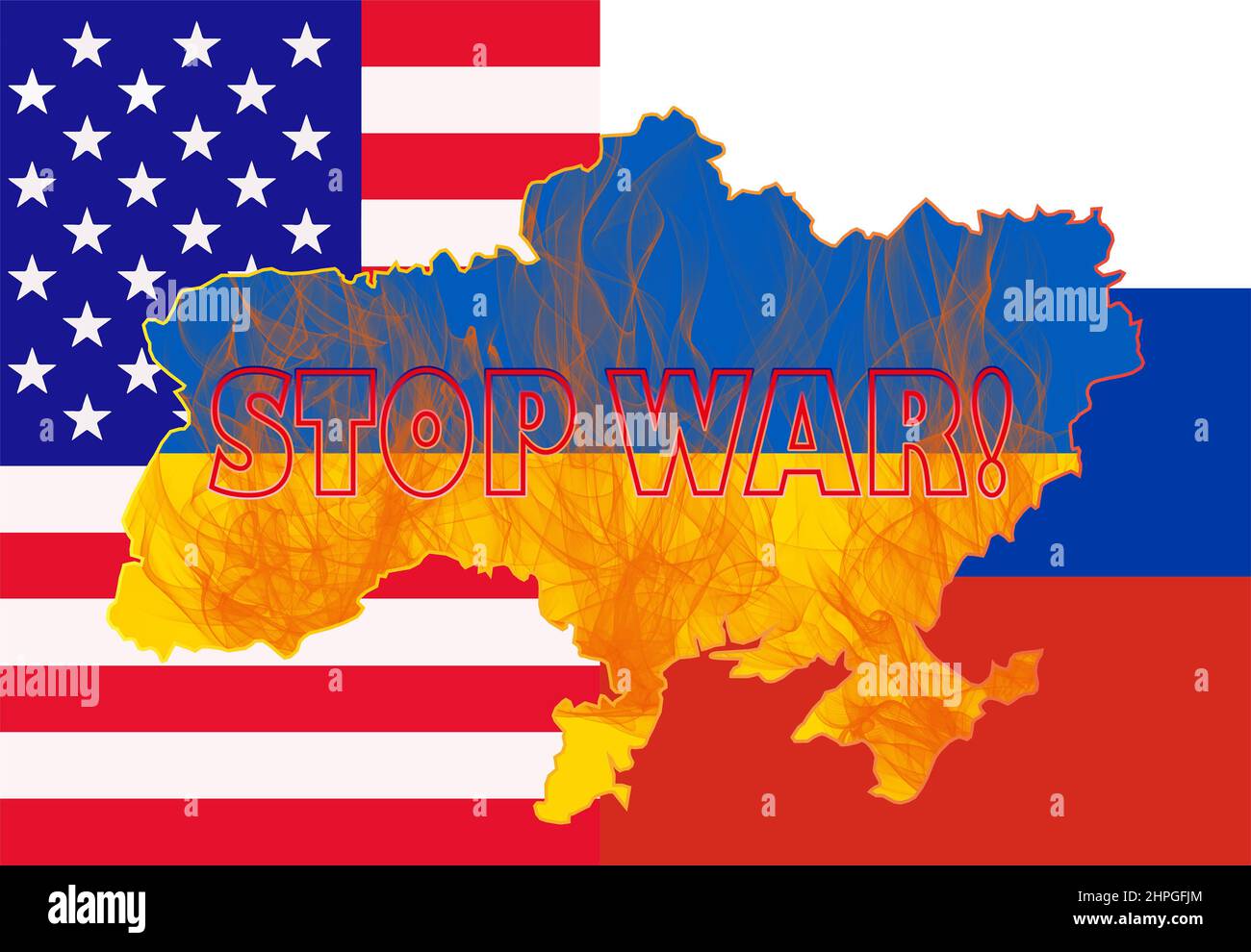 Map of Ukraine with the national flag on fire. Outline map of Ukraine  against the background of the flags of Russia and the USA. Anti-war concept  Stock Photo - Alamy