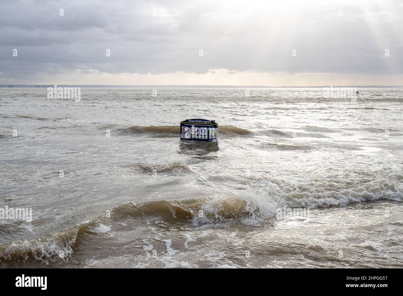 SOUTHEND-ON-SEA, ESSEX, FEBRUARY 21 2022, Southend seafront floods as Storm Franklin hits the UK, The third storm to hit the UK this week. Stock Photo