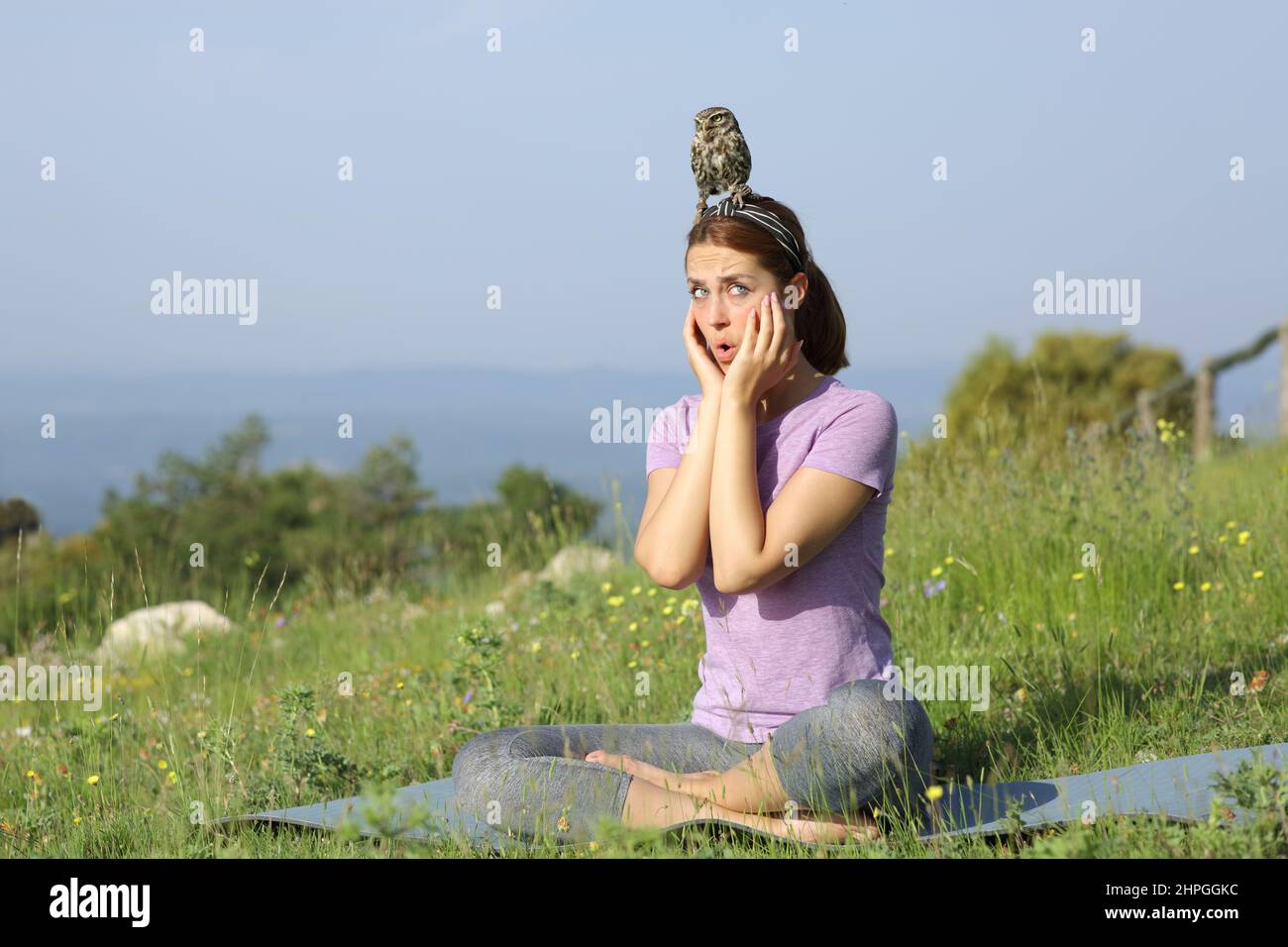 Amazed yogi trying to do yoga exercises with a bird on head in nature Stock Photo