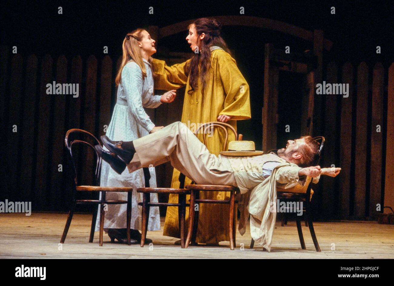 l-r: Sinead Cusack (Elizaveta Fiodorovna / Lisa), Carmen du Sautoy (Elyena Nikolaevna Protassov), Norman Rodway (Pavel Fiodorich Protassov) in CHILDREN OF THE SUN by Gorky at the Aldwych Theatre, London WC2  09/10/1979  a Royal Shakespeare Company (RSC) production  design: Chris Dyer  director: Terry Hands Stock Photo