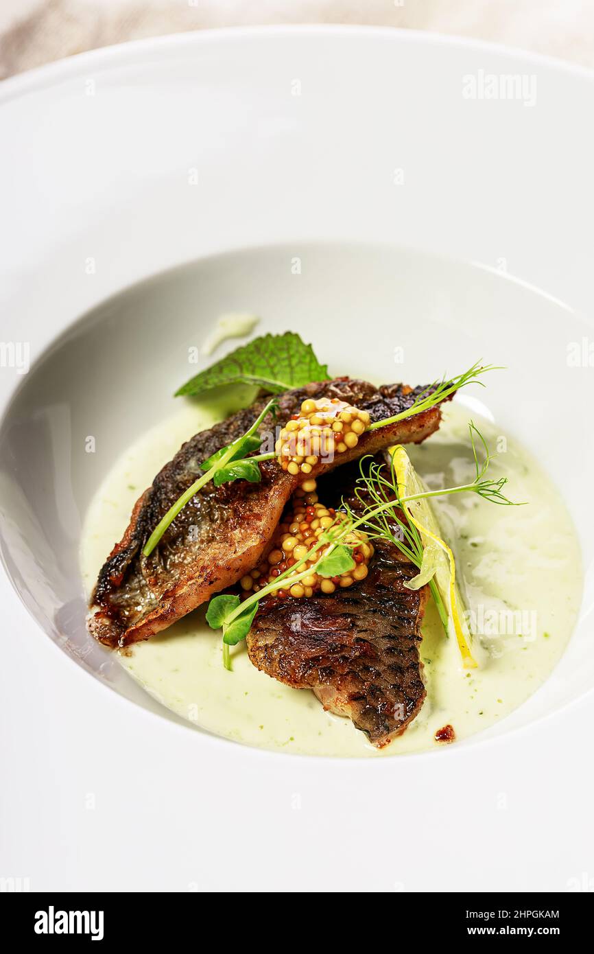 Closeup Grilled fish fillet with sauce, mustard and herbs on a white