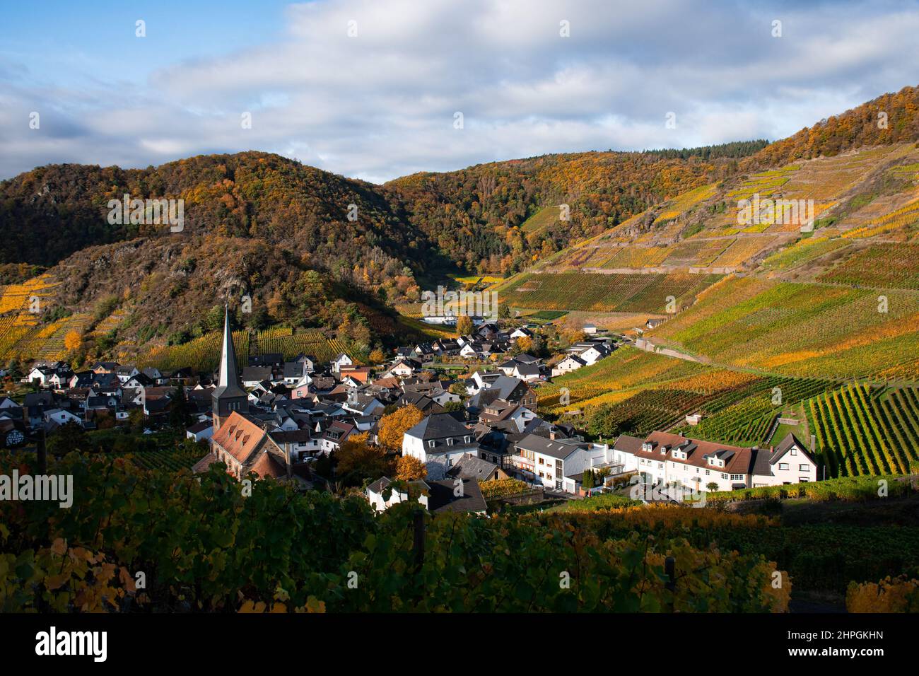 The small town of Mayschoss in Rhineland-Palatinate and a sunny autumn morning Stock Photo