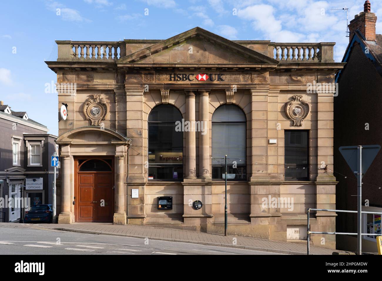 The Grade II listed building with a dressed stone frontage of a HSBC branch at 1 Church Street in Great Malvern, Worcestershire, England Stock Photo