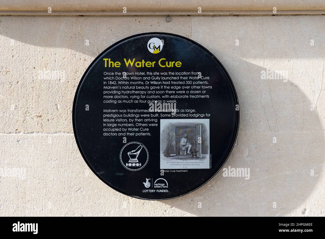 Heritage marker plate for 'The Water Cure', this site was where doctors Wilson and Gully launched their hydrotherapy water cure in 1842. Great Malvern Stock Photo
