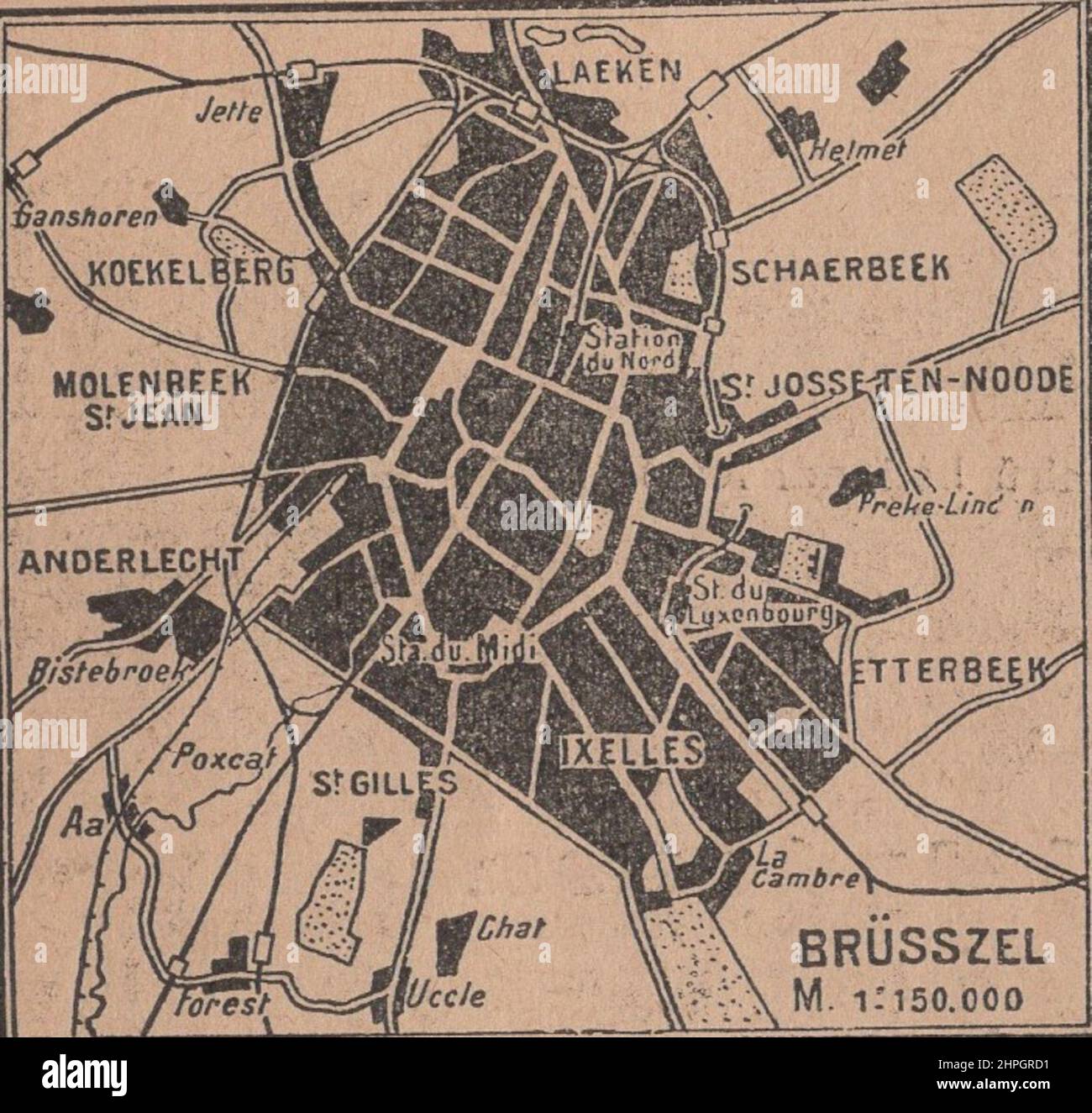 Map of Brussels, the main city and capital of the Kingdom of Belgium. ADDITIONAL-RIGHTS-CLEARANCE-INFO-NOT-AVAILABLE AND EXPIRED. Stock Photo