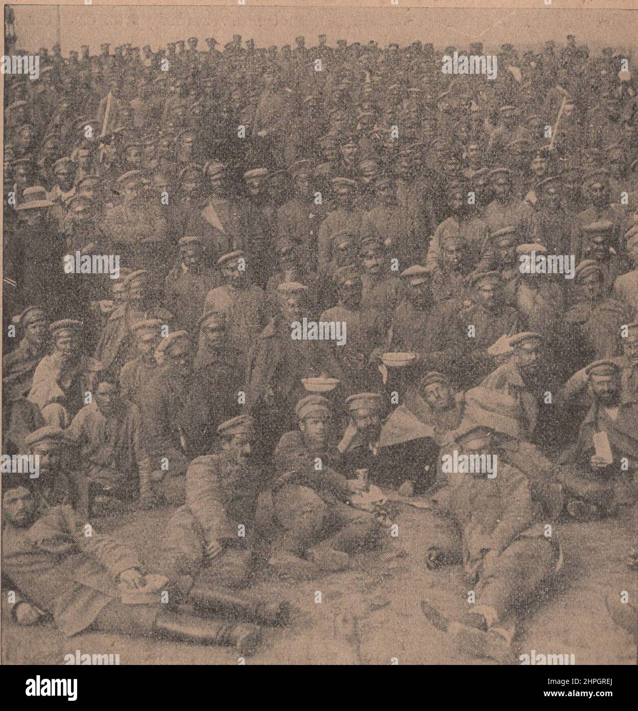 Russian soldiers captured at the Battle of Tannenberg in a prison camp. ADDITIONAL-RIGHTS-CLEARANCE-INFO-NOT-AVAILABLE AND EXPIRED. Stock Photo