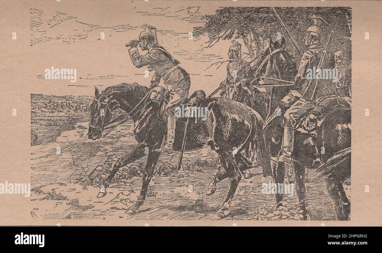 German ulans/ spies before Paris. Marwitz's ( Georg von der Marwitz)  cavalrymen got close to Paris, conducted reconnaissance with binoculars, then returned to their unit. illustration by an unknown artist.  ADDITIONAL-RIGHTS-CLEARANCE-INFO-NOT-AVAILABLE AND EXPIRED. Stock Photo