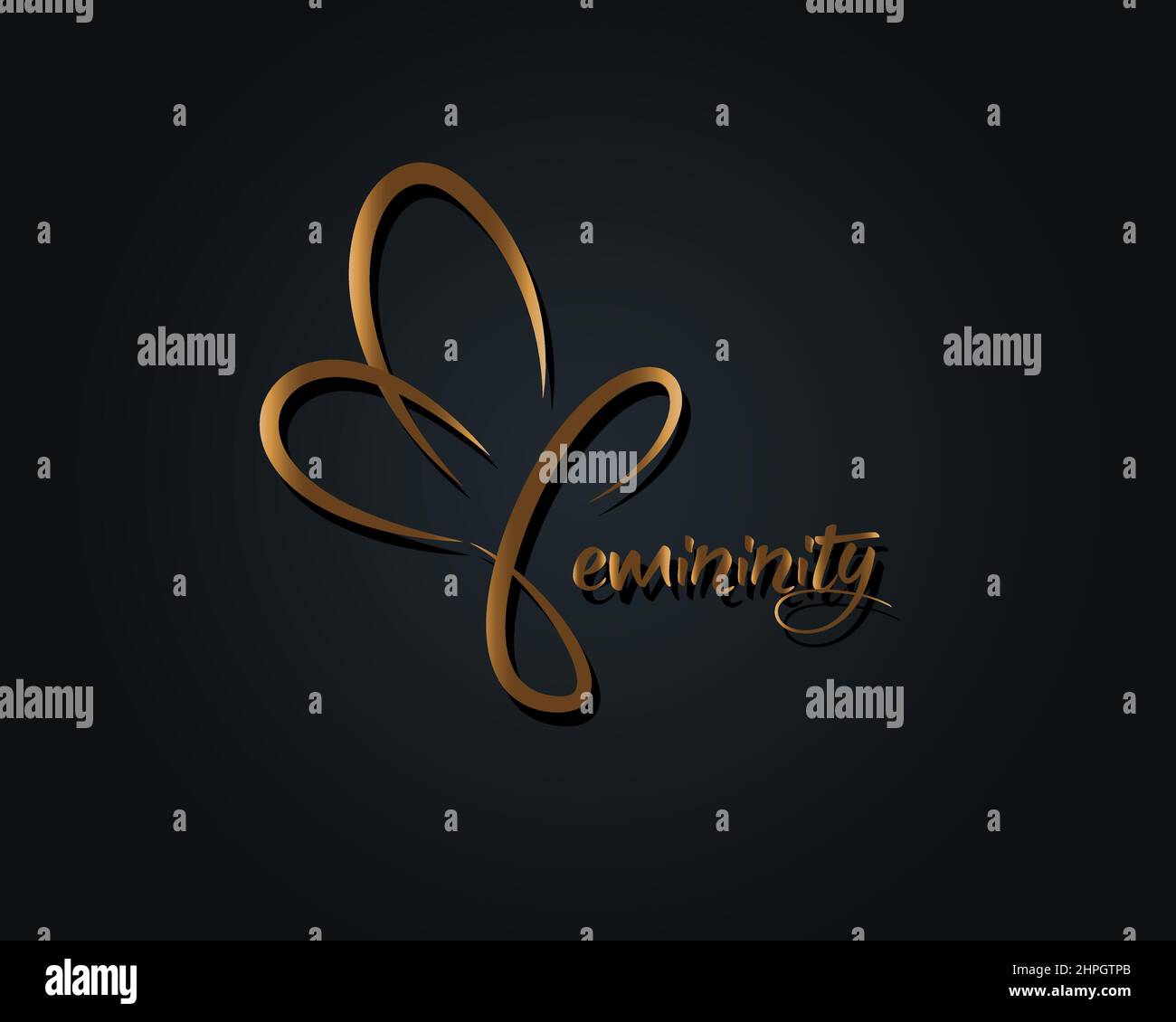 Golden butterfly vector logo template, femininity hand drawn lettering concept. Typography text for t shirts, posters, wall art, gold line print sign Stock Vector