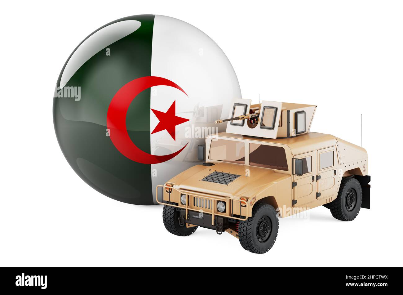 Military truck with Algerian flag. Combat defense of Algeria, concept. 3D rendering  isolated on white background Stock Photo