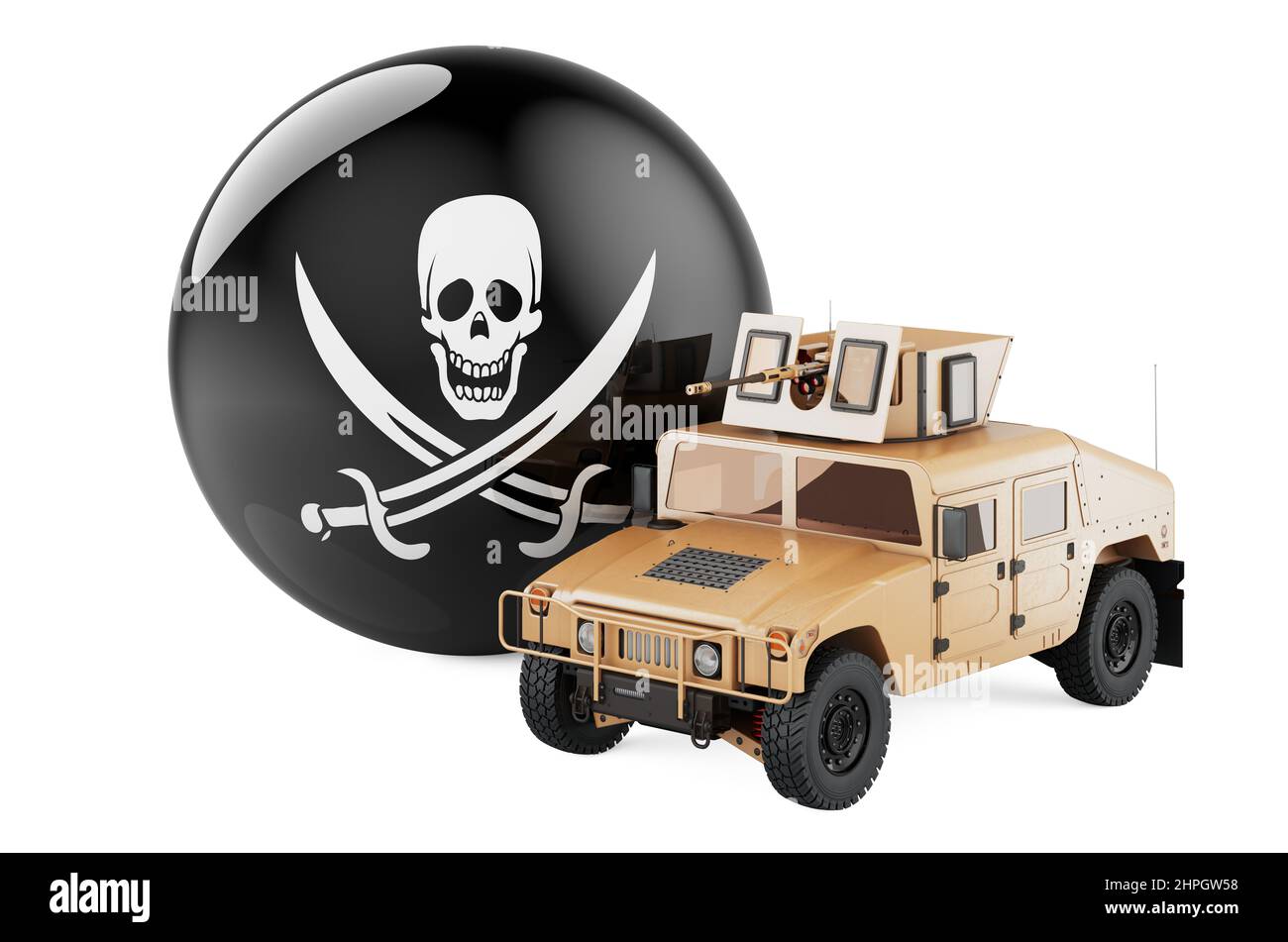 Military truck with piracy flag. 3D rendering isolated on white ...