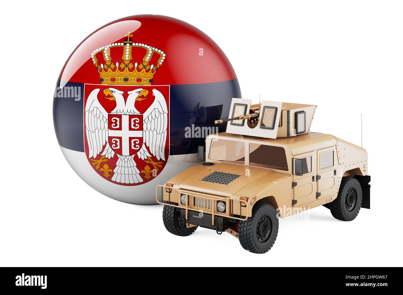 Military truck with Serbian flag. Combat defense of Serbia, concept. 3D rendering isolated on white background Stock Photo