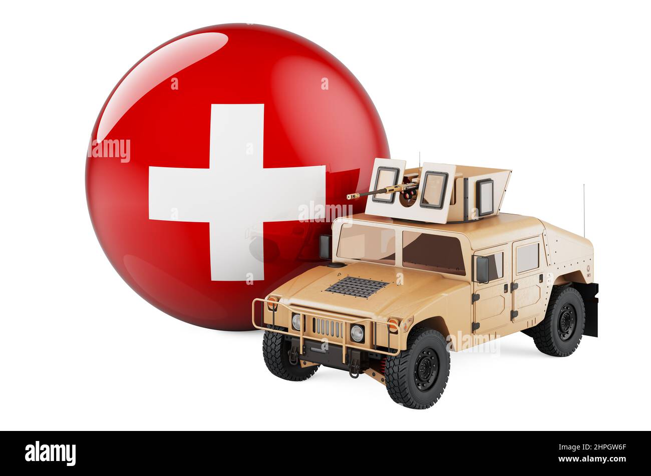 Military truck with Swiss flag. Combat defense of Switzerland, concept