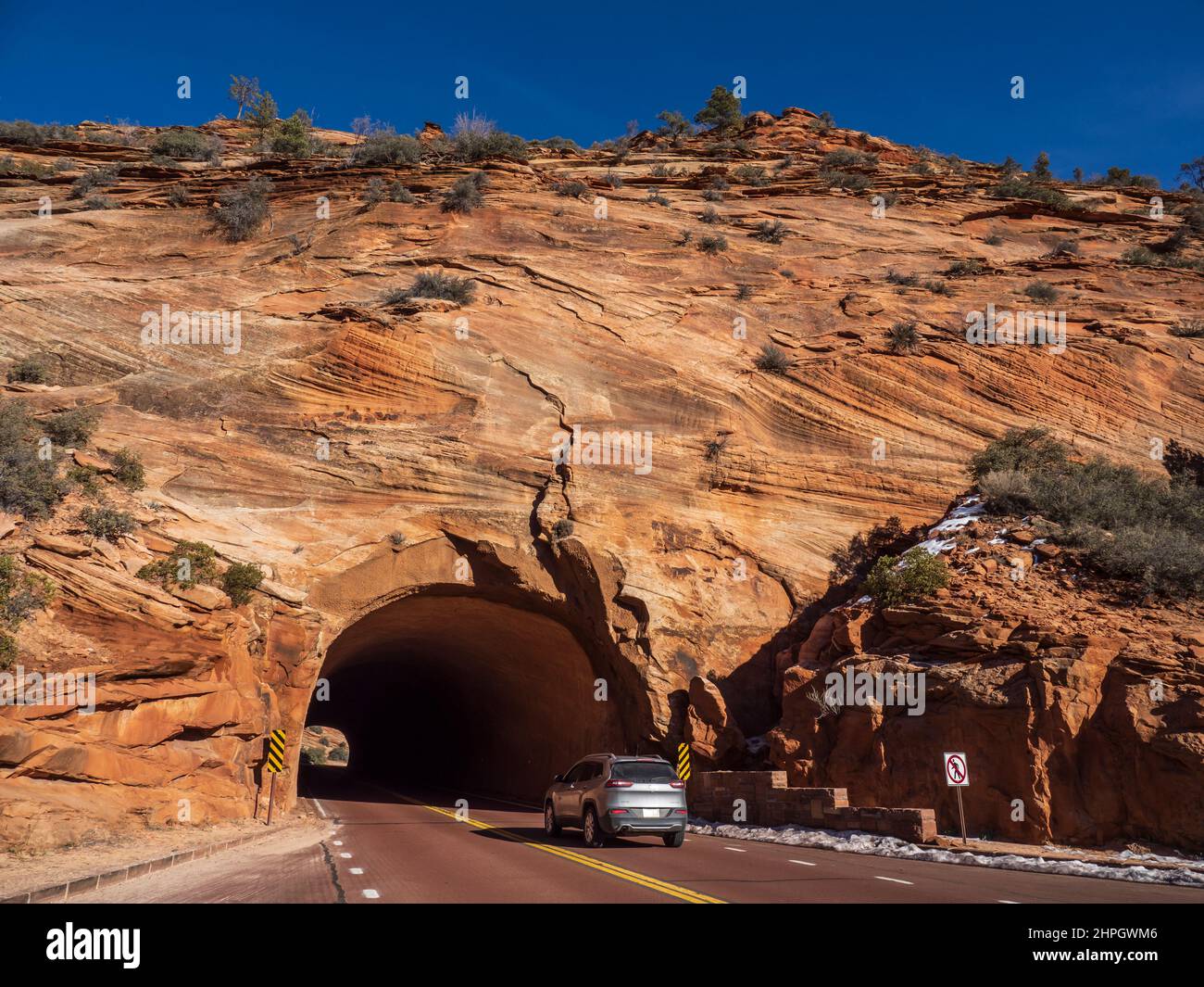 East tunnel, Zion-Mount Carmel Highway, winter, Zion National Park, Utah. Stock Photo