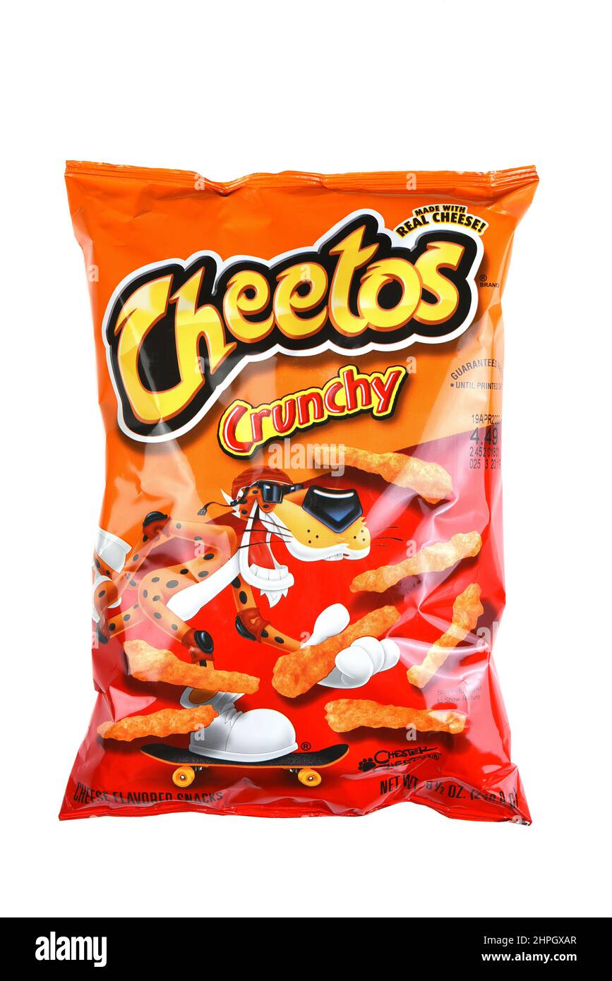 IRVINE, CALIFORNIA - 14 FEB 2022: A bag of Cheetos Crunchy Cheese Flavored Snacks. Stock Photo