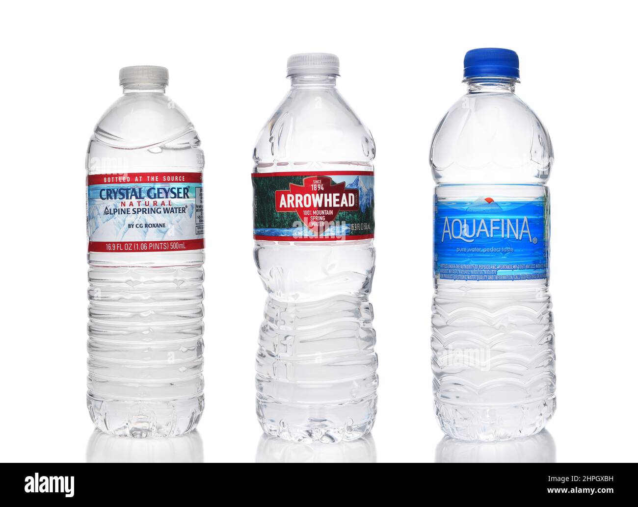 IRVINE, CALIFORNIA - 21 FEB 2022: Three popular brands of bottled water, Crystal Geyser, Aquafina, and Arrowhead. Stock Photo