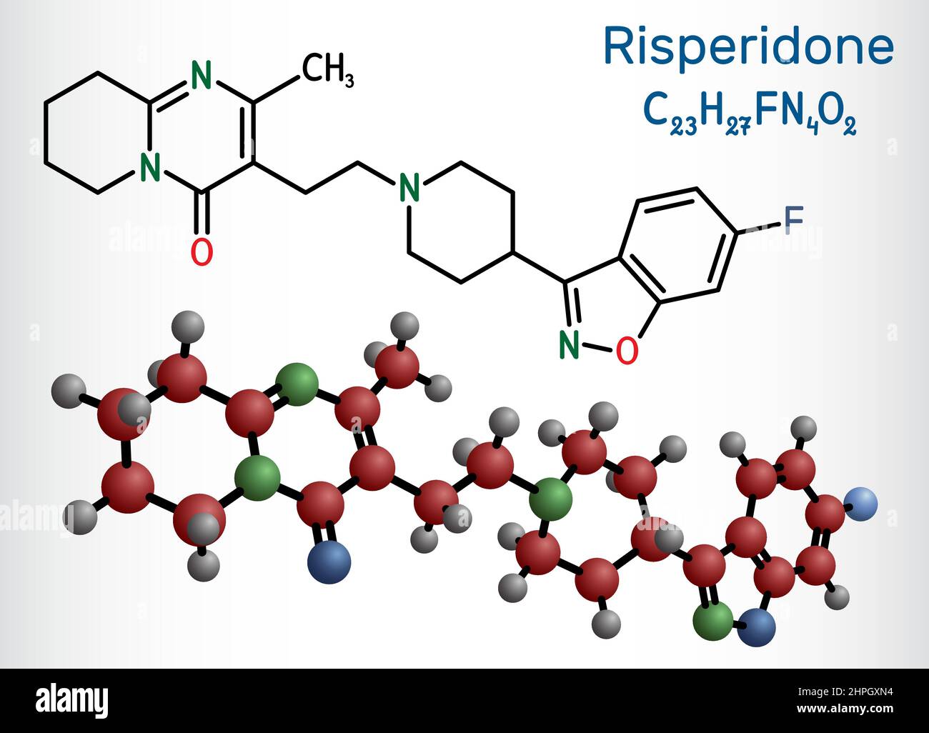 Risperidon molecule. It is antipsychotic medication, used to treat of schizophrenia, bipolar mania, psychosis, depression. Structural chemical formula Stock Vector